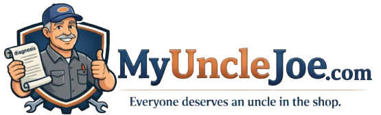 Uncle Joe — friendly mechanic mascot in a shield